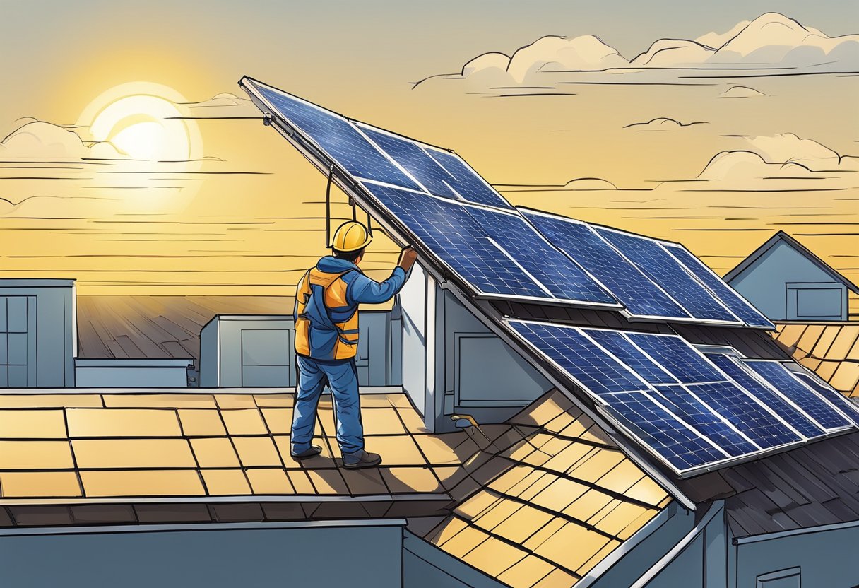 A technician installs and optimizes solar panels on a rooftop, facing the sun