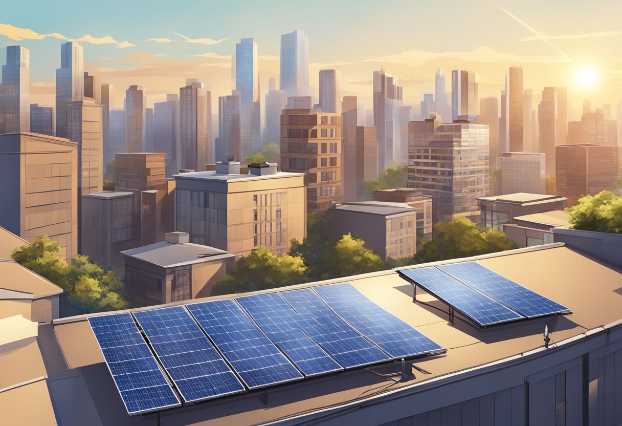 A sunny rooftop with solar panels being installed, surrounded by a city skyline