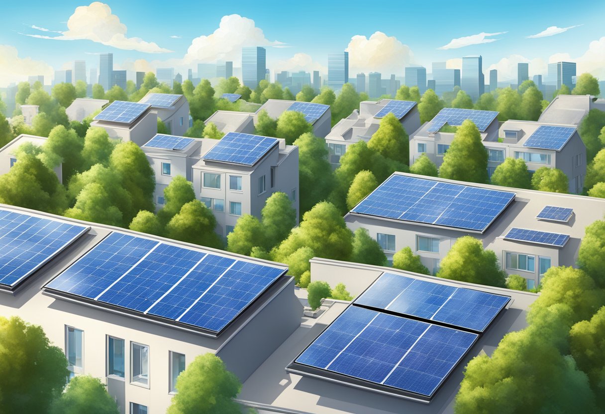 A sunny rooftop with solar panels, surrounded by buildings and trees. Blue sky with few clouds