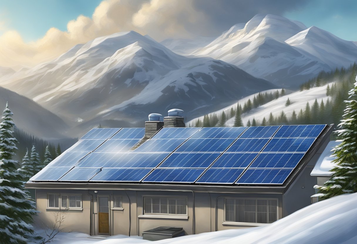 Snow covering solar panels in a mountainous landscape, with overcast skies and cold temperatures