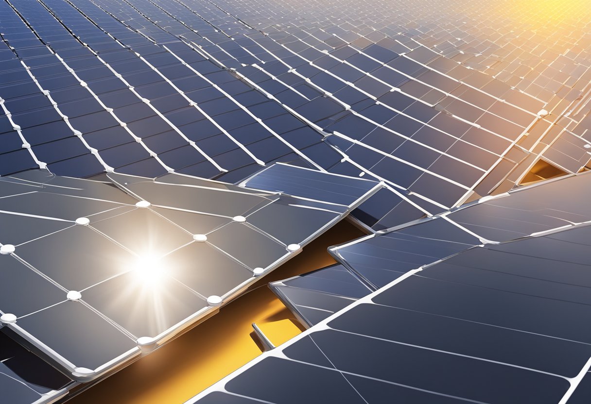 Various types of solar cells arranged in a grid, including monocrystalline, polycrystalline, and thin-film, with sunlight shining down on them