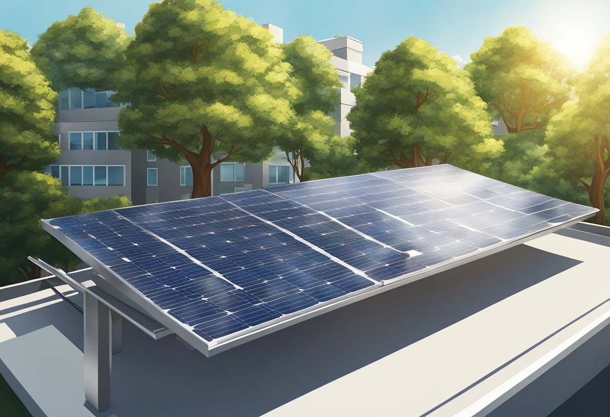 A solar panel on a rooftop with a clear blue sky and the sun shining down, surrounded by trees and buildings