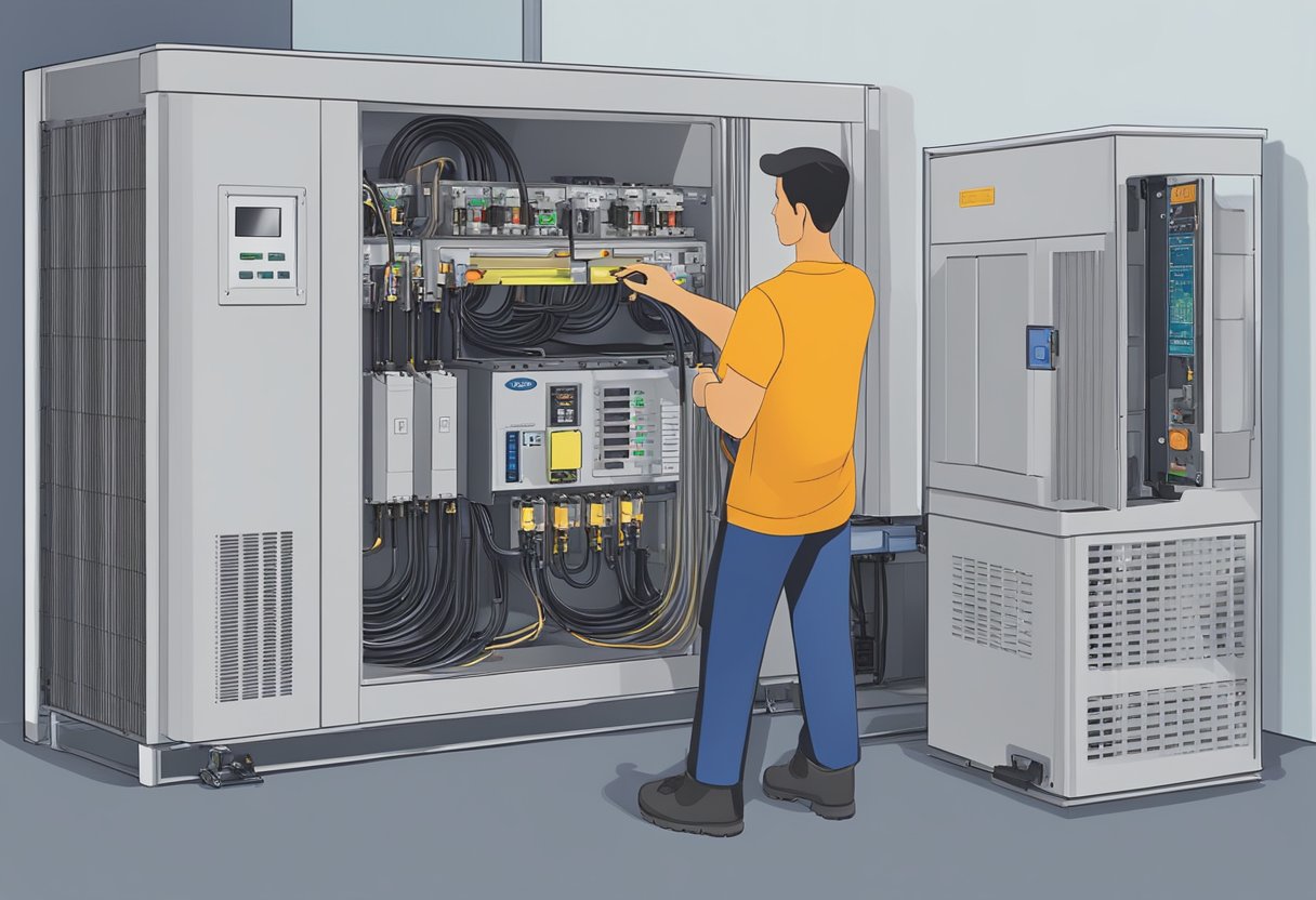 The selection and installation of a power inverter, a vital component in a control system, is depicted in the scene