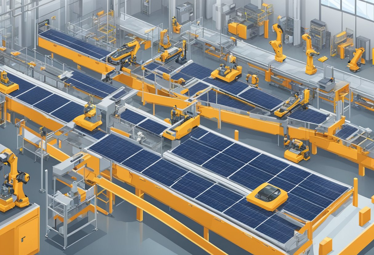 A factory floor with robotic arms assembling solar cells on conveyor belts. Machinery and equipment line the walls, with workers monitoring the production process