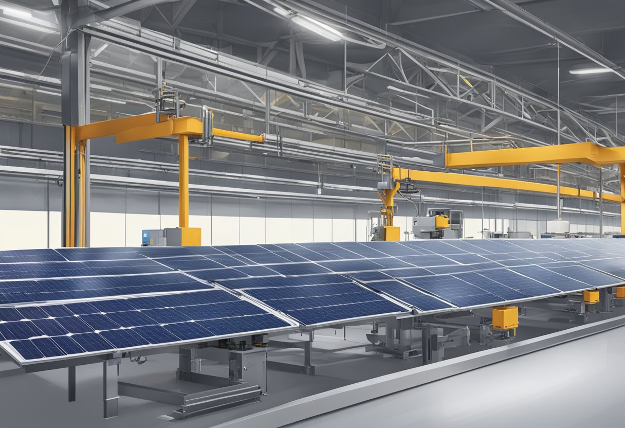 Solar panels being manufactured and installed in a factory setting with machinery and equipment