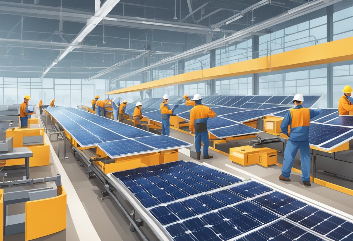 Solar panels being manufactured with efficiency, maintenance, and environmental impact in focus. Machinery and workers assembling components in a clean and organized factory setting