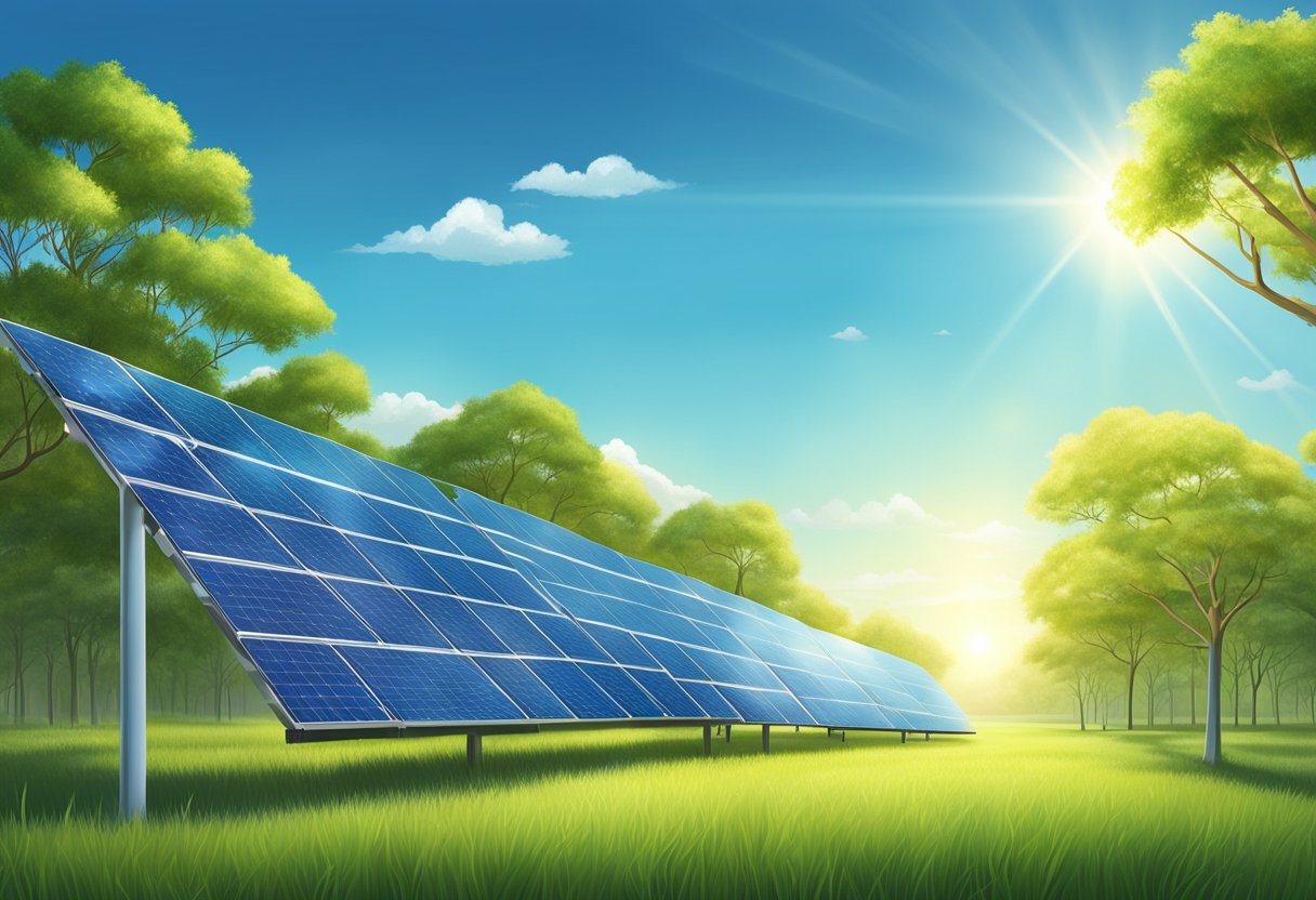 A field of solar panels glistening in the sunlight, surrounded by lush greenery and clear blue skies, contributing to renewable energy