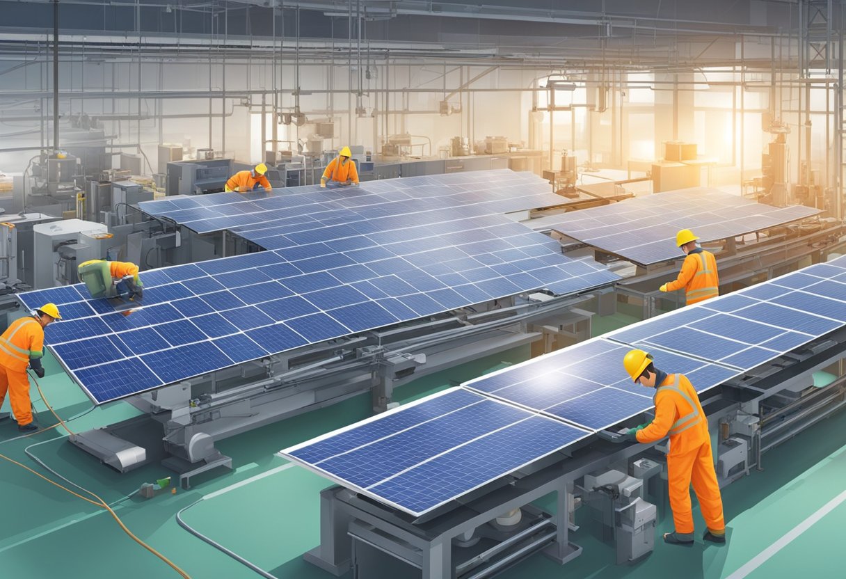 Solar panels being manufactured in a factory, with machinery and workers assembling components. Environmental impact visible through waste management and energy usage