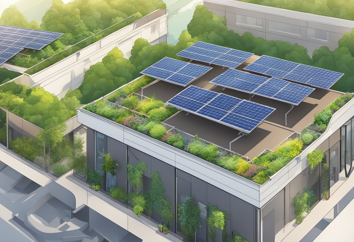 Solar panels placed on a rooftop, surrounded by recycling bins and greenery, with a focus on sustainability and environmental impact