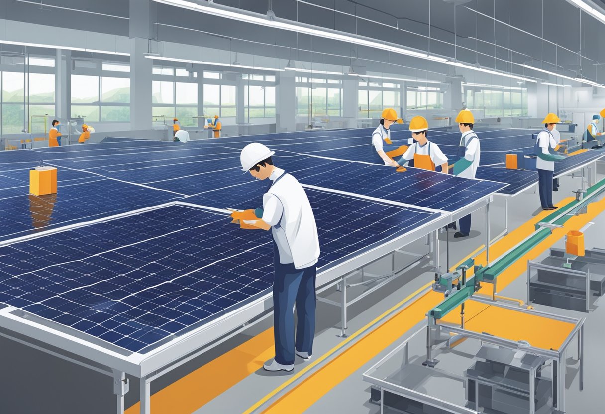 A solar panel factory in China, with workers assembling and testing solar cells on a production line