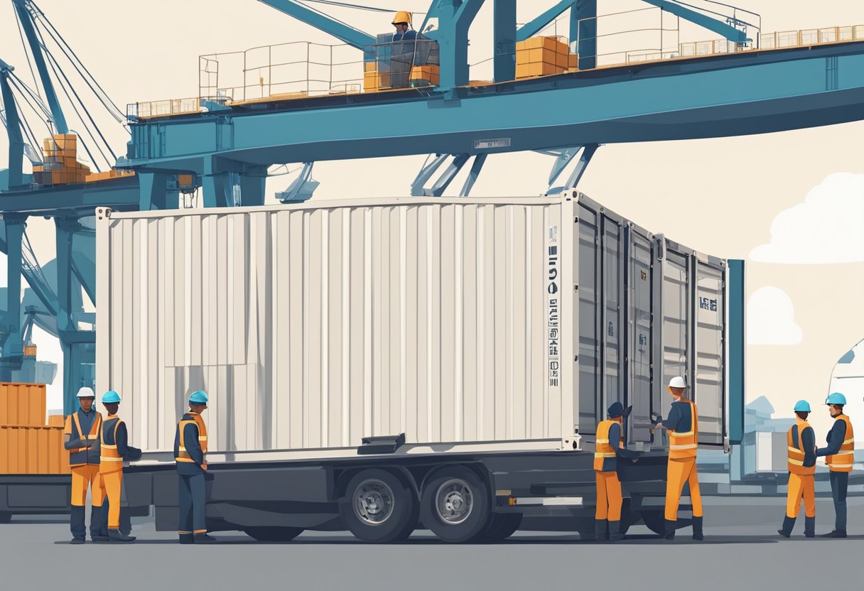 A shipping container filled with solar panels from China being unloaded at a port, with workers inspecting and organizing the panels for import