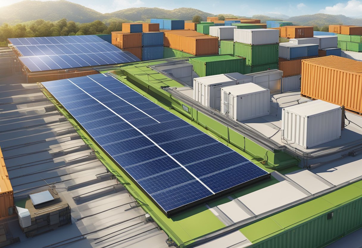 A solar panel being installed on a rooftop, with shipping containers from China in the background