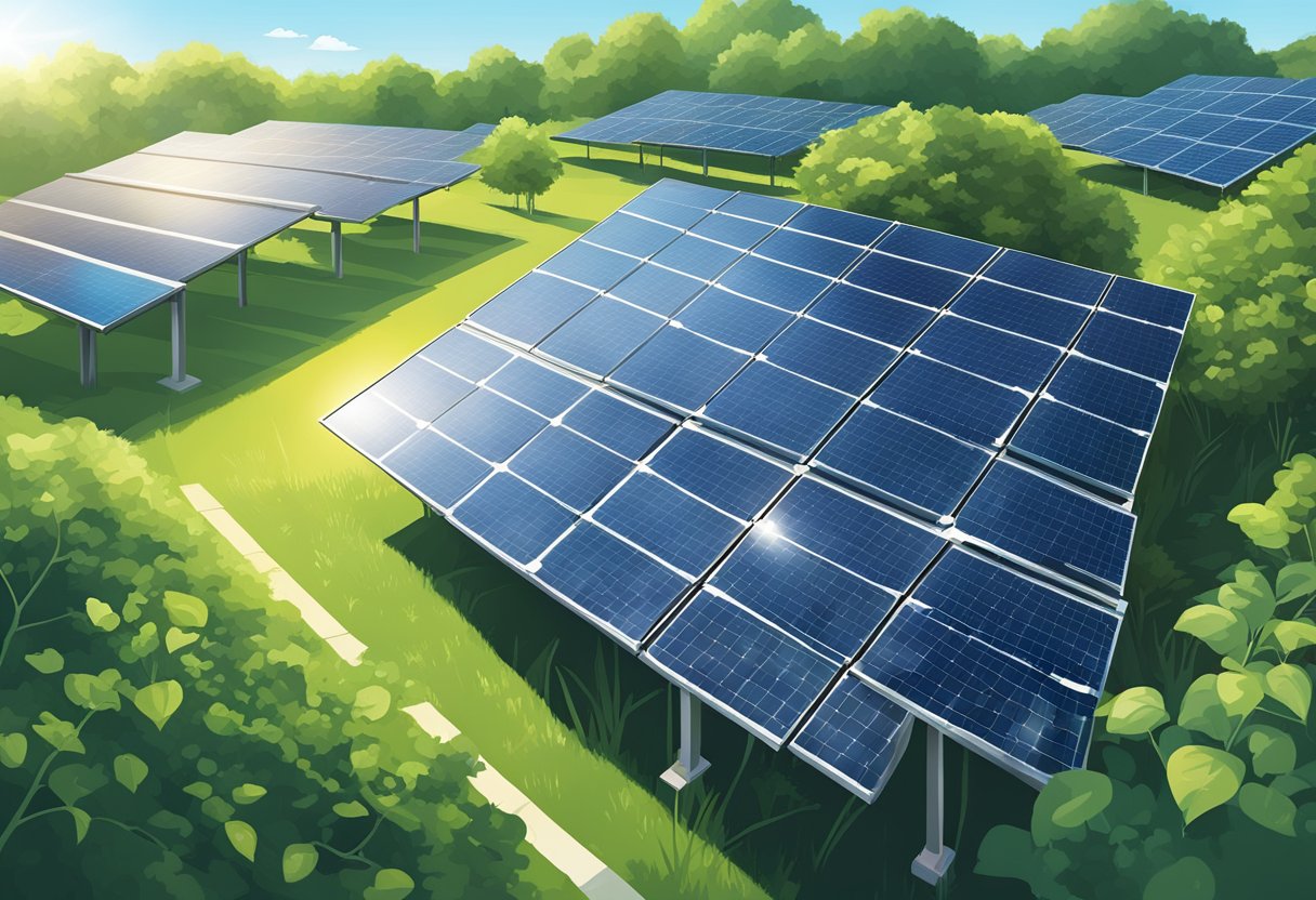 A solar panel array glistening in the sunlight, surrounded by greenery and clean, blue skies