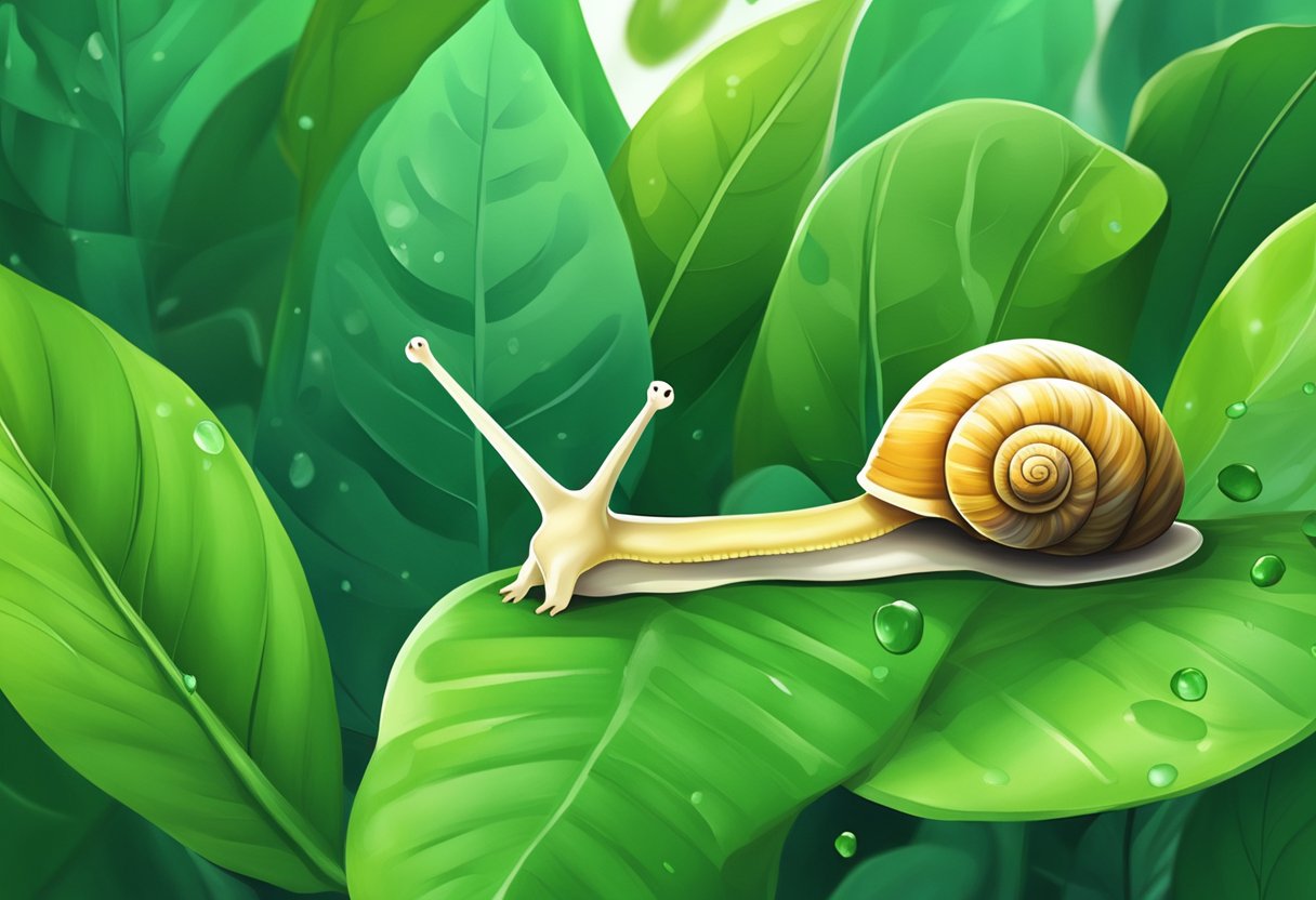 A snail glides over green leaves, leaving a trail of glistening slime behind. A worker collects the snail's trail to be used in skincare products