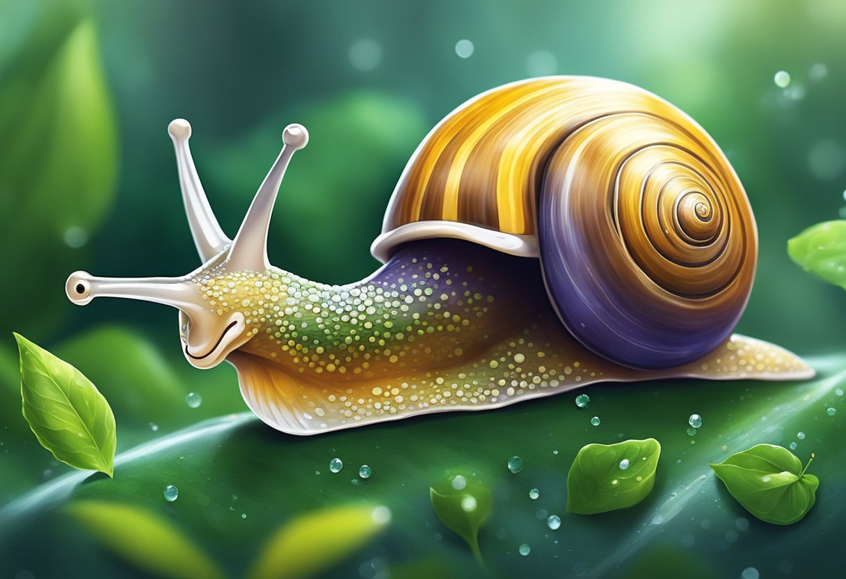 A snail secretes slime as it glides over a damp leaf, leaving a glistening trail behind