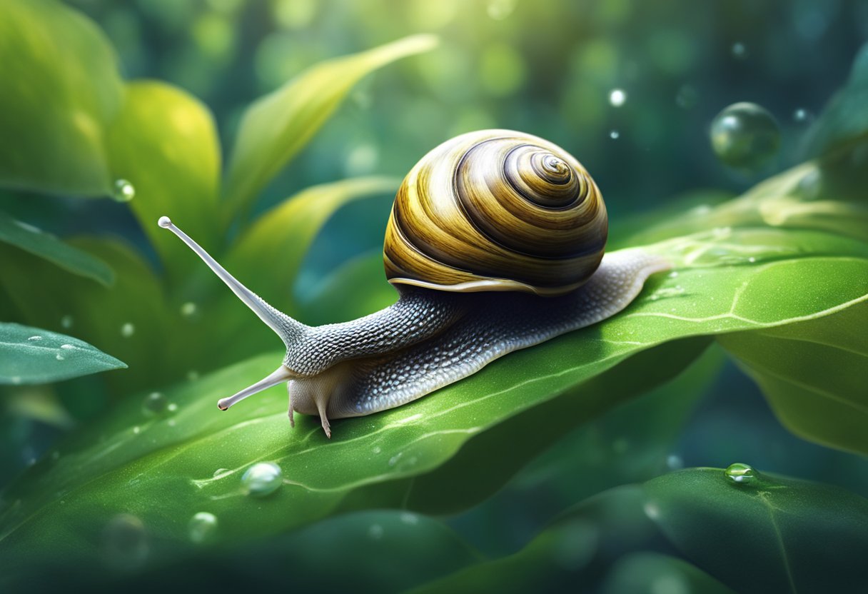 A snail glides across a glistening leaf, leaving a trail of shiny, transparent slime. The surrounding foliage is lush and vibrant, creating a serene and natural setting