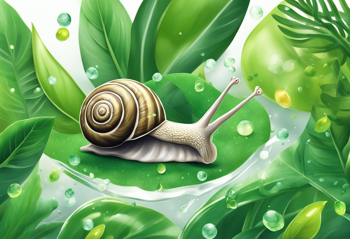 A snail gliding along a lush green leaf, leaving behind a glistening trail of slime. The leaf is surrounded by various skincare products and beauty stores