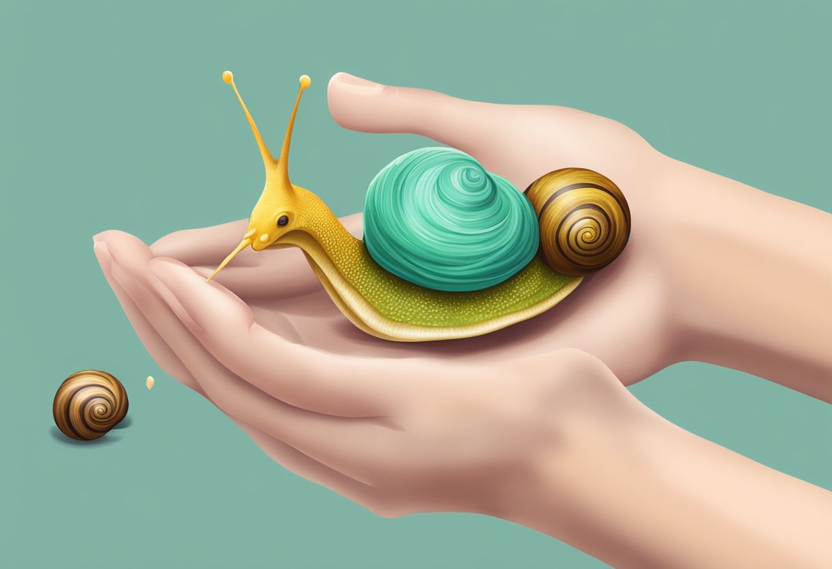 A hand holding a snail, extracting its slime and applying it to a patch of skin. Another hand wiping away the snail slime with a cloth