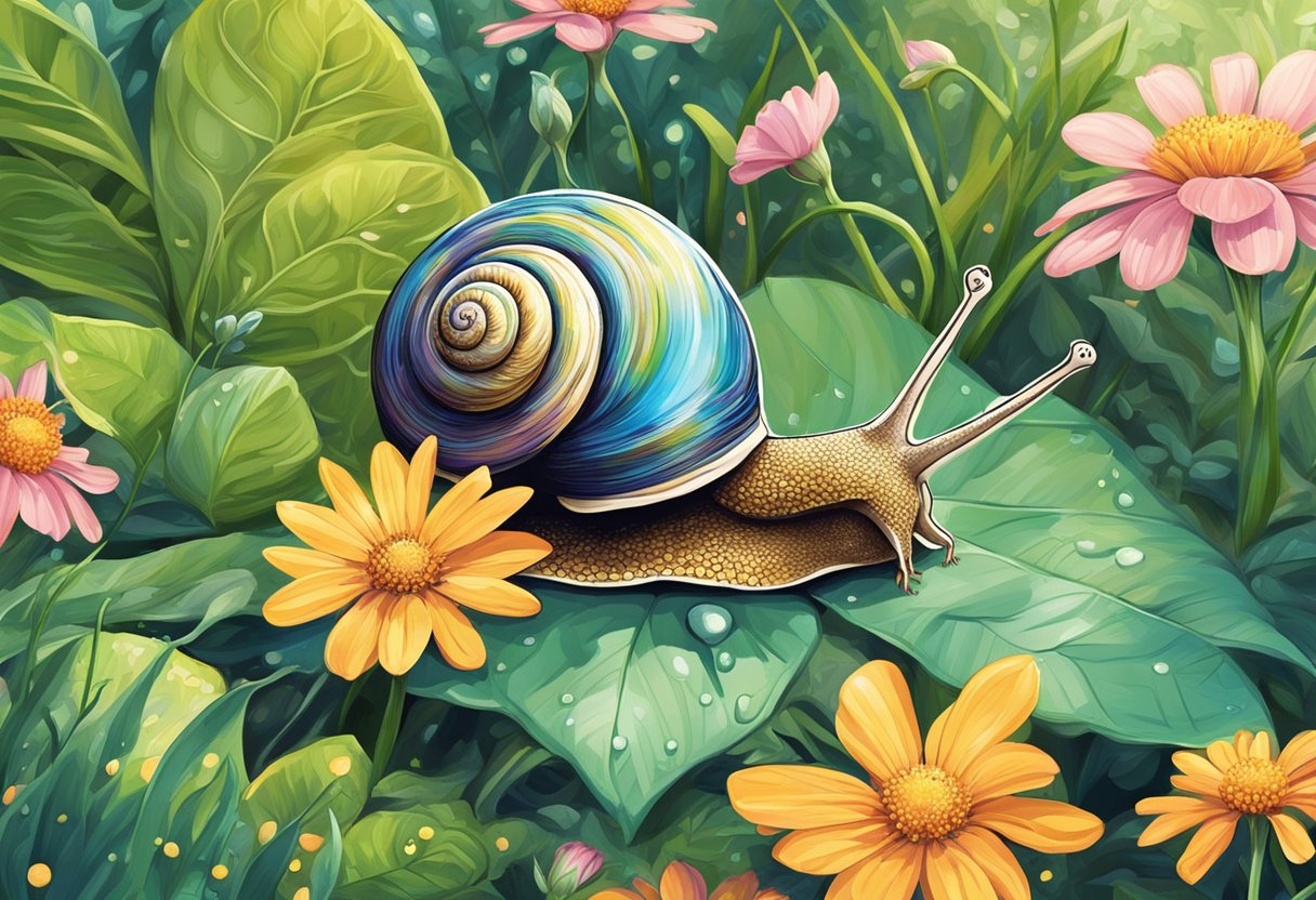 A snail glides across a lush garden, leaving a trail of glistening slime. Nearby, a cluster of vibrant flowers blooms under the warm sun