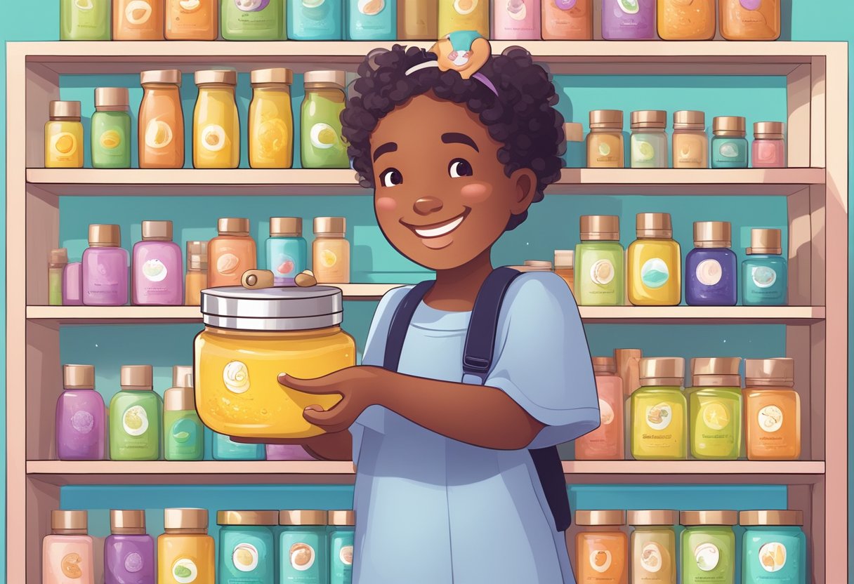 A child's hand reaches for a jar of snail slime skincare products on a shelf, surrounded by colorful packaging and smiling snail characters