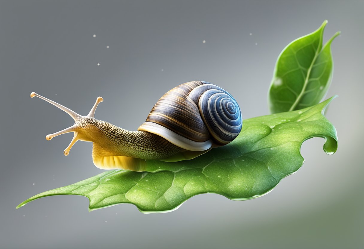 A snail gliding across a leaf, leaving a trail of slime behind