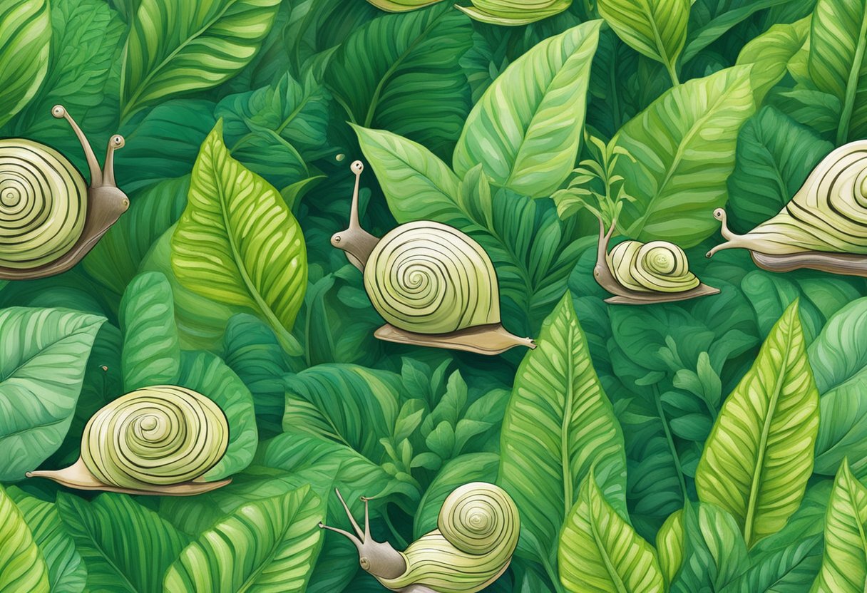 A snail glides across a bed of vibrant green plants, leaving behind a trail of glistening slime. The plants appear healthy and vibrant, showcasing the effects of snail mucin in vegan skincare ingredients