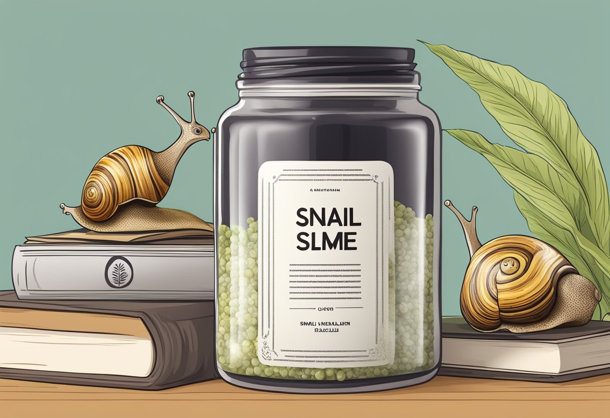 A jar of snail slime vegan supplement next to a stack of recipe books for skin health