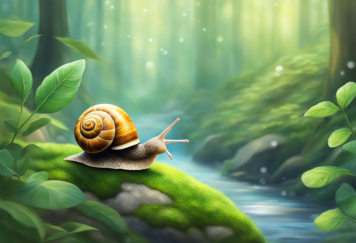 A snail gliding across a mossy rock, leaving a glistening trail behind. The surroundings are lush and vibrant, with a gentle mist in the air