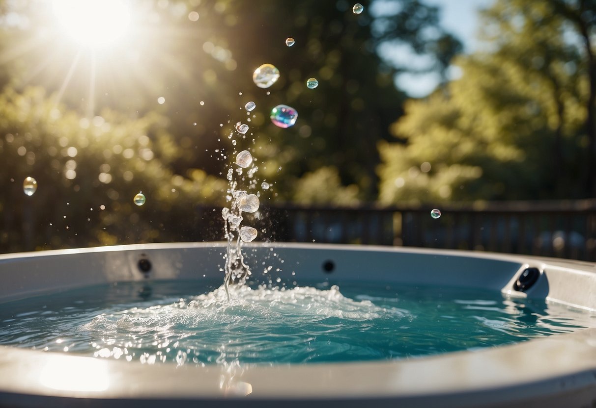 A hot tub bubbles and steams as it heats up, surrounded by a peaceful outdoor setting with trees and a clear sky