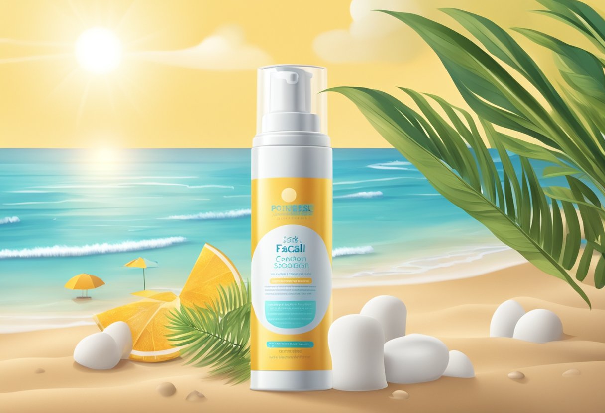 A sunny beach with a bottle of facial cream with sunscreen, surrounded by positive reviews and test ratings