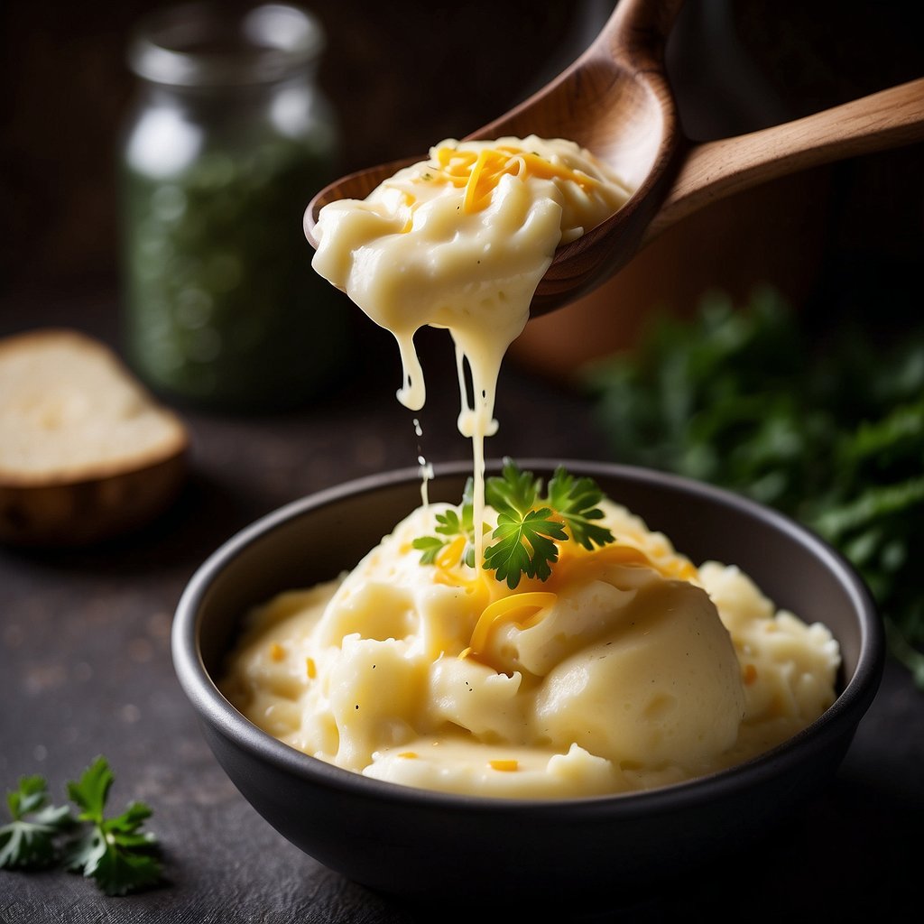 A bubbling pot of creamy mashed potatoes and melted cheese, being stirred vigorously with a wooden spoon until it reaches a smooth and stretchy consistency