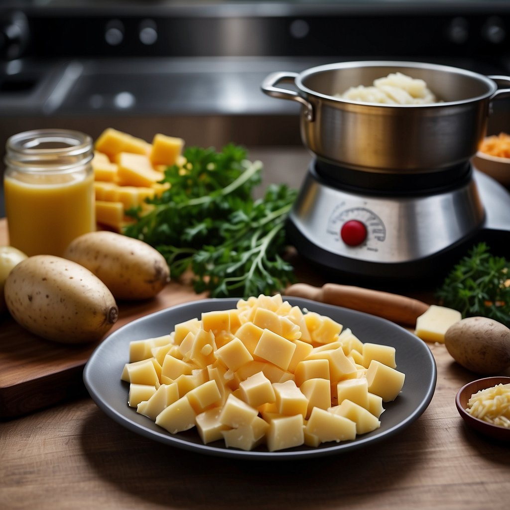 A table filled with ingredients such as potatoes, cheese, butter, and equipment like a pot, masher, and grater for making Aligot