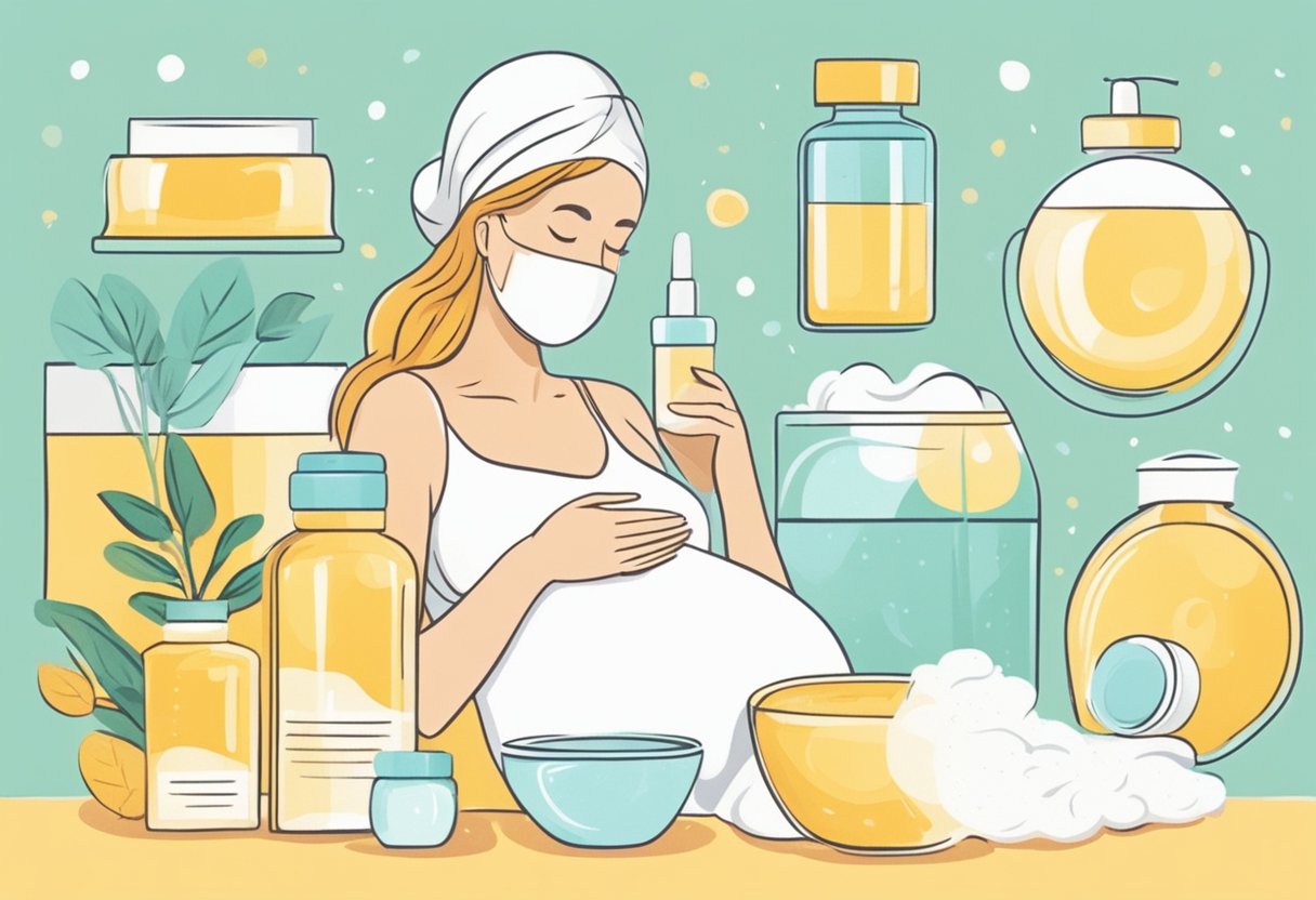 A pregnant woman's skincare routine: gentle cleansing, moisturizing, and sun protection. A soothing face mask and a belly oil massage complete the regimen