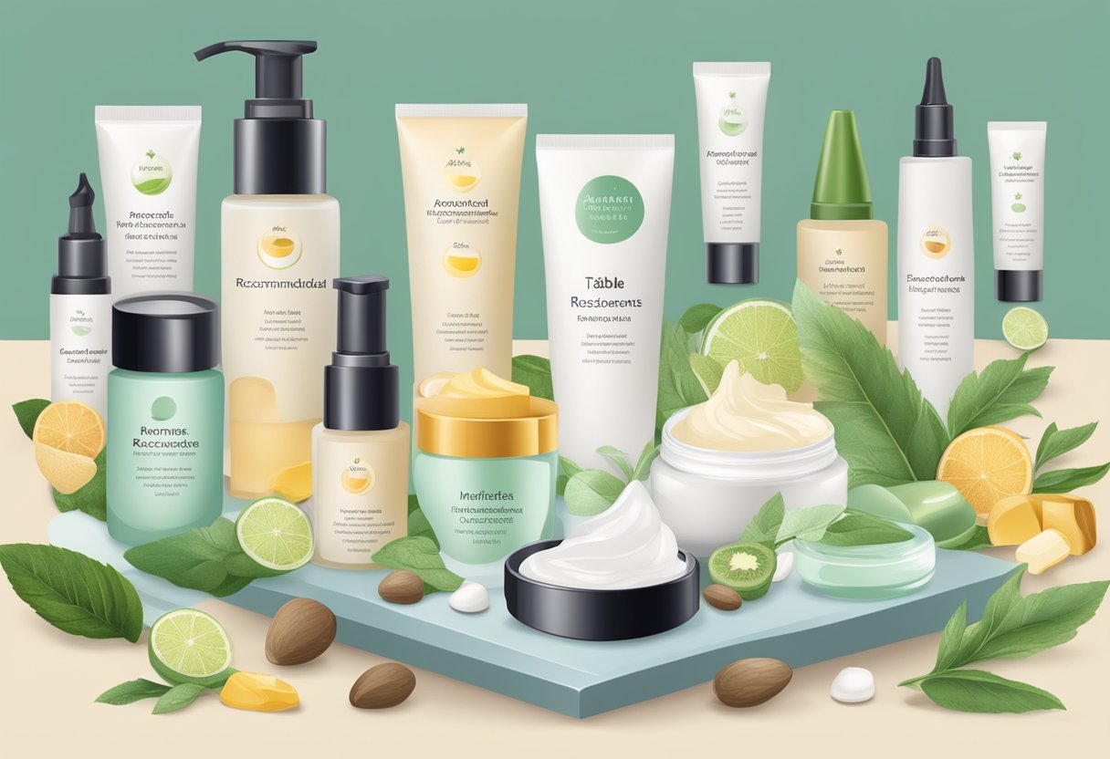 A table with various natural face creams and ingredients displayed. Labels indicate "Recommended Face Creams and Natural Ingredients."