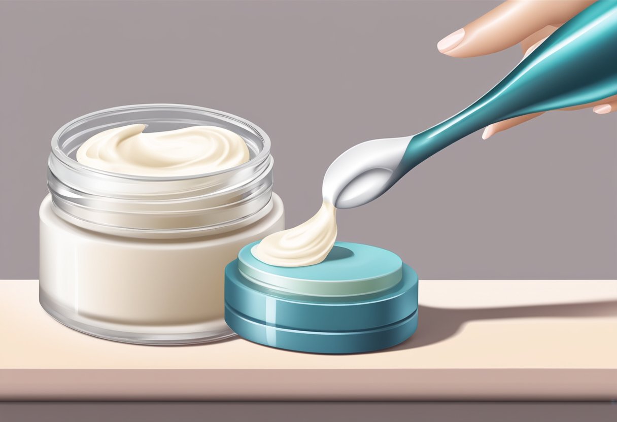 A hand holding a jar of face cream, with a dollop being applied to the back of the hand using a small spatula