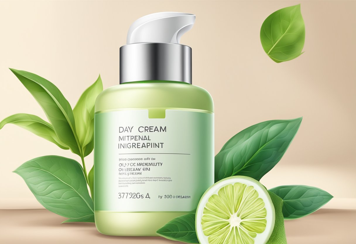 A bottle of day cream with essential ingredients for oily skin, showcasing its benefits