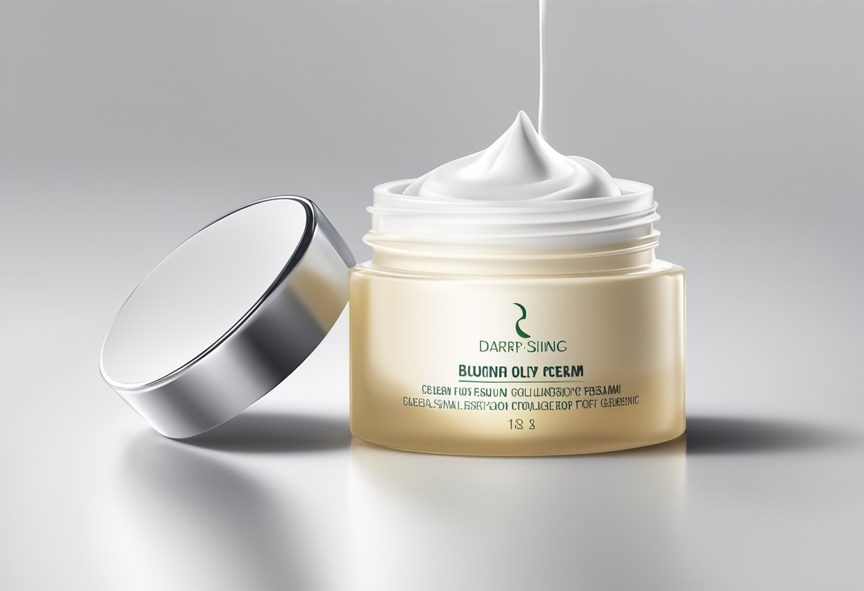 A bottle of day cream for oily skin sits on a clean, white surface. A drop of the cream is shown being applied to a small section of the skin to demonstrate its use