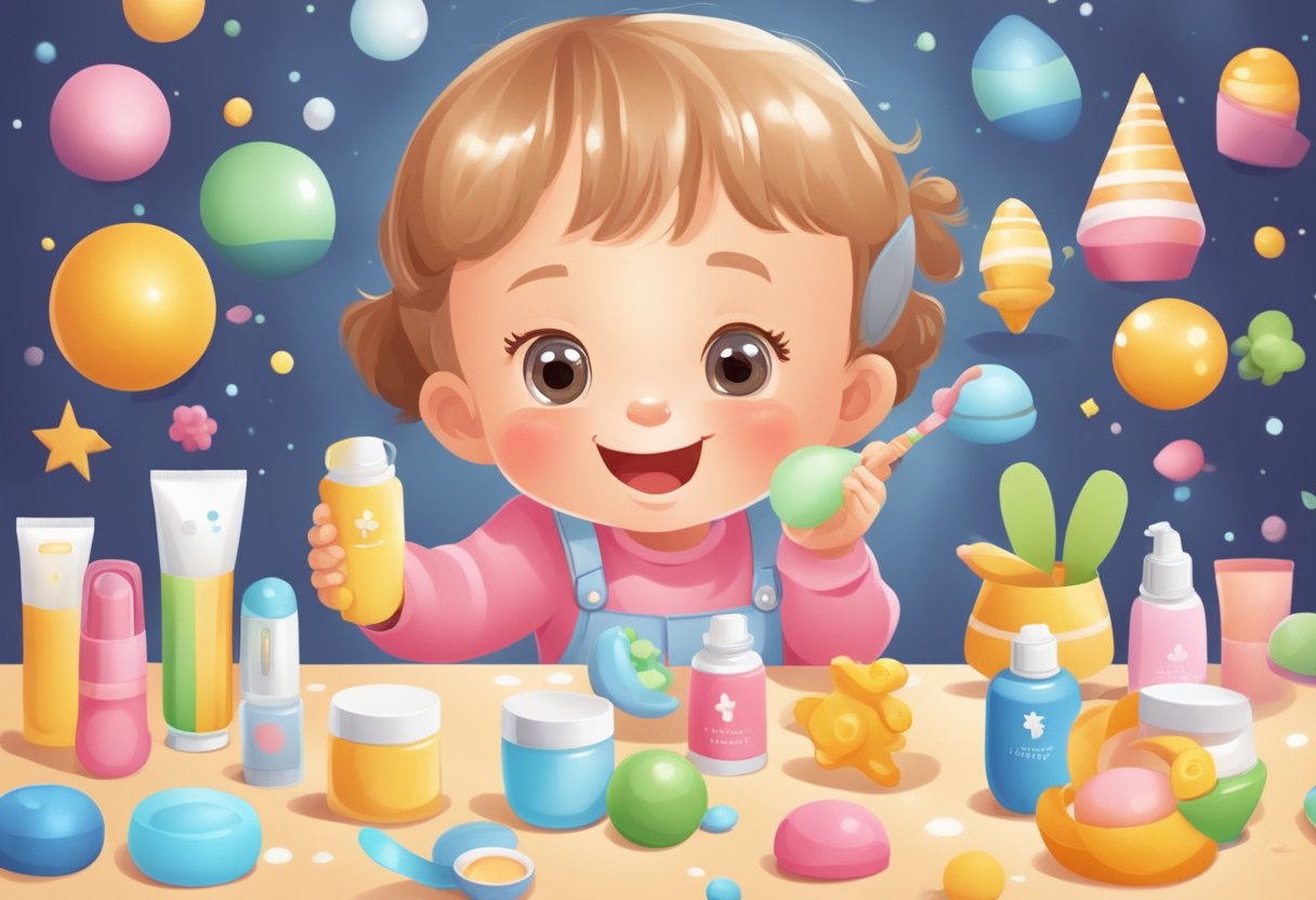 A happy child applying gentle face cream, surrounded by colorful toys and a soft, nurturing environment