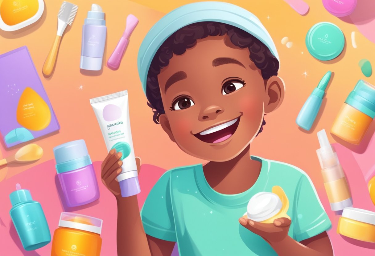 A child's face with a gentle smile, applying recommended face cream with a small, clean spatula. Bright, colorful packaging in the background