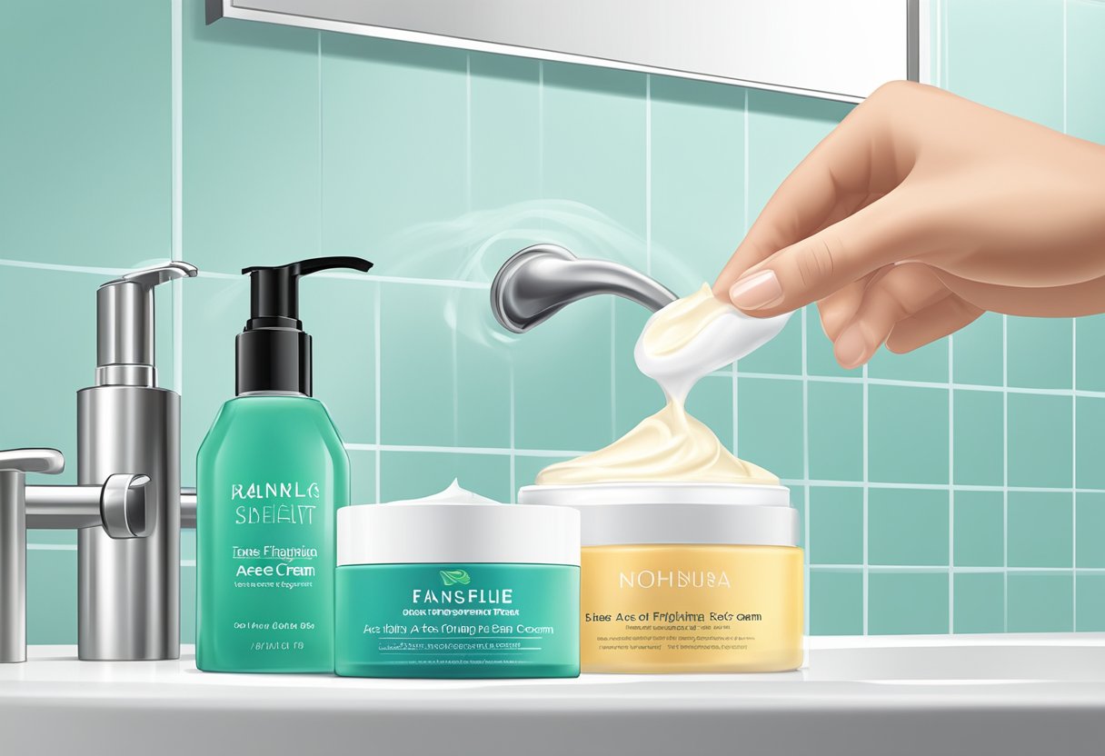 A hand reaching for a tube of acne-fighting face cream on a clean, white bathroom counter