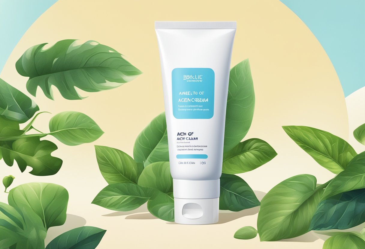 A tube of acne cream sits on a clean, white surface with a backdrop of fresh, green leaves and a clear blue sky