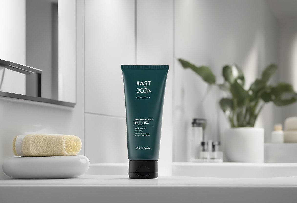 A sleek, modern tube of men's facial cream sits atop a clean, minimalist bathroom counter. The label proudly displays "Bäst i Test 2024" in bold lettering