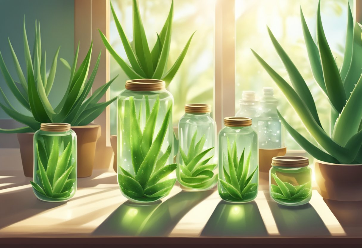 Aloe vera plant with leaves cut open, surrounded by small jars and bottles. Sunlight streaming in, highlighting the clear gel inside the leaves