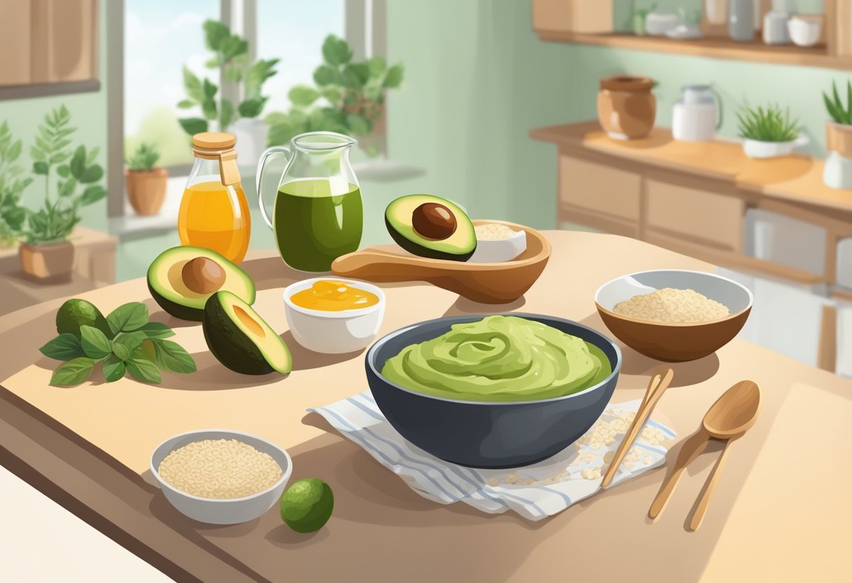 A table with various natural ingredients like avocado, honey, and oatmeal. A bowl and spoon for mixing. A serene, well-lit kitchen setting