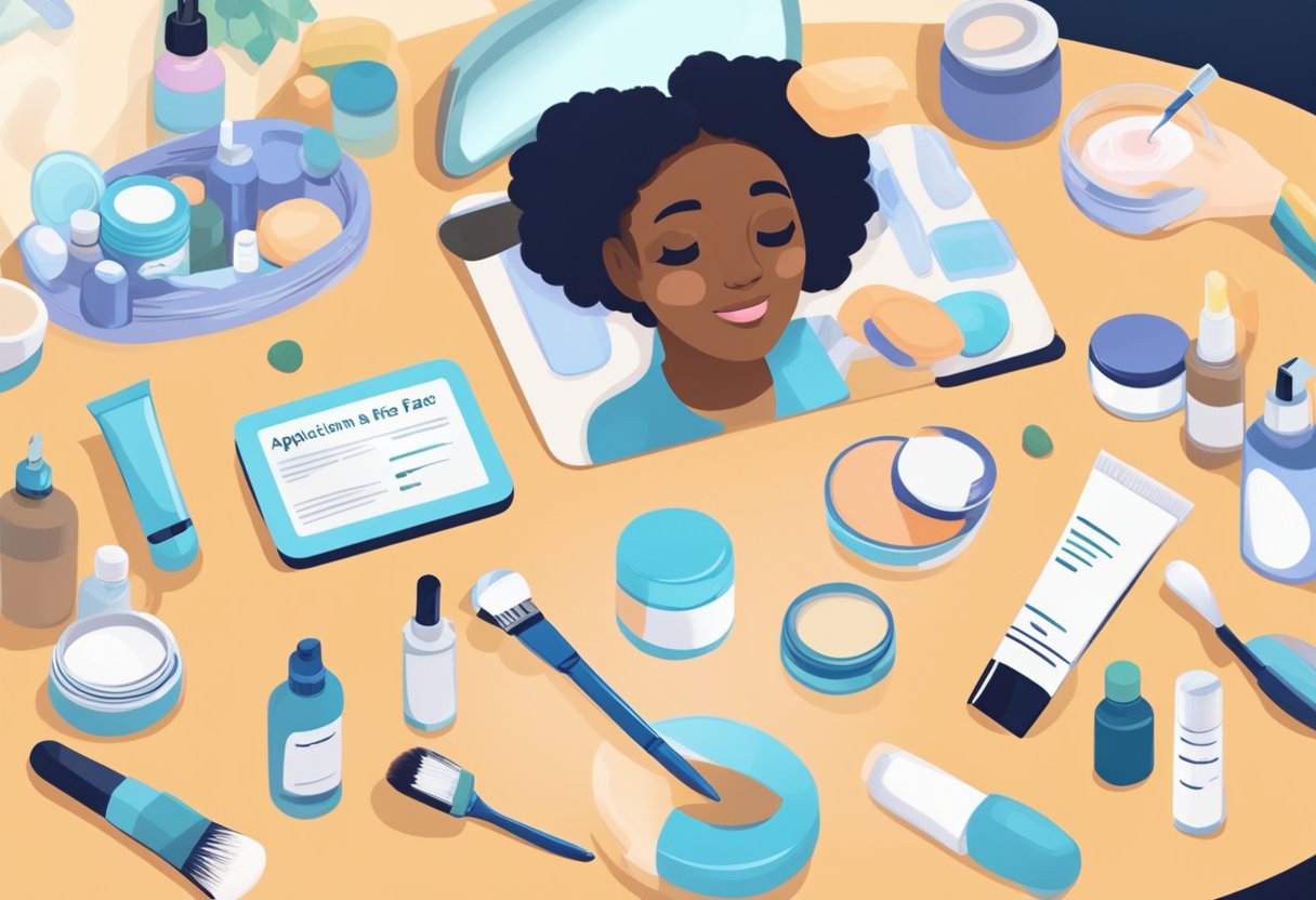 A table with various skincare products and a mirror. A person applying a face mask with a brush. Text "Application and Tips for Best Results: How to Apply a Face Mask" in the background