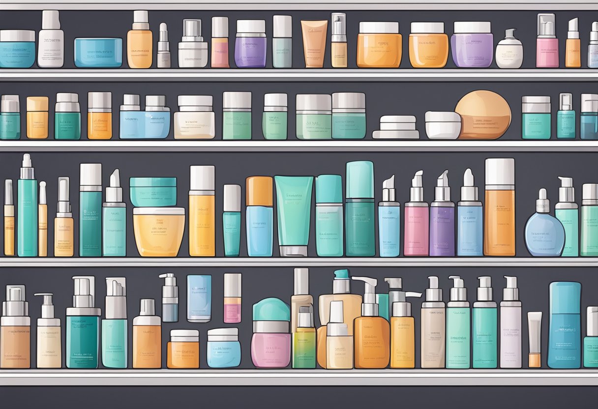 A variety of skincare products arranged neatly on a shelf, including serums and face creams for different skin needs