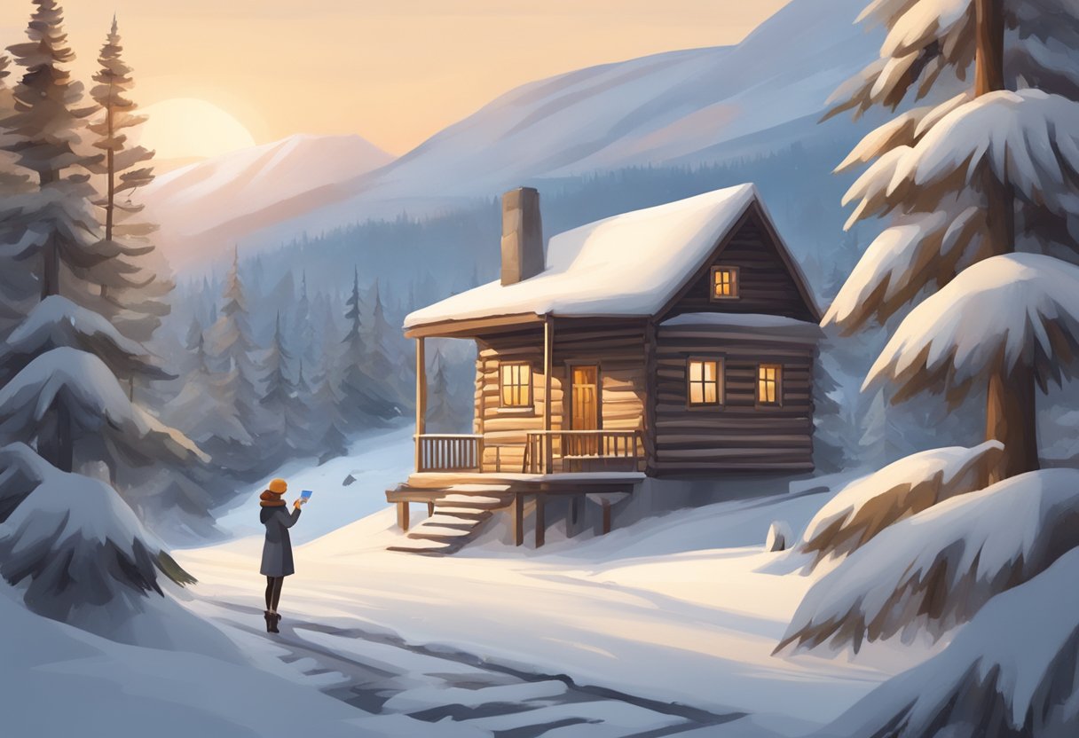 A snowy winter landscape with a bare tree, a cozy cabin, and a woman applying moisturizer to her dry skin