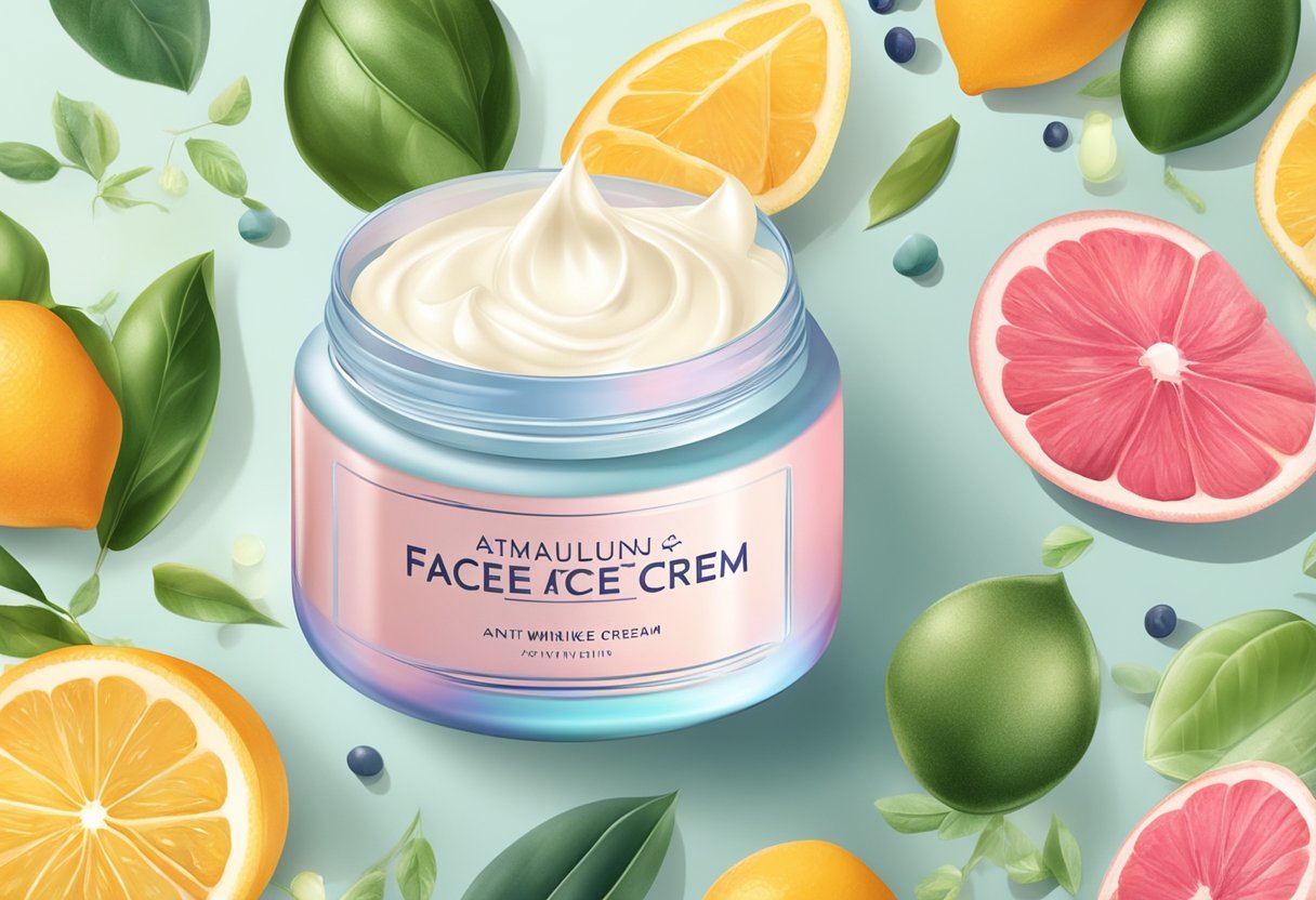 A jar of anti-wrinkle face cream surrounded by ingredients like retinol, hyaluronic acid, and vitamin C, with a soft glow emanating from the product