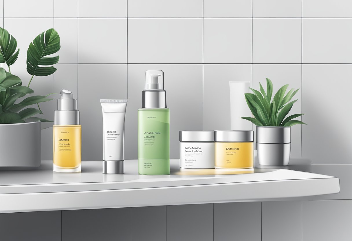 A serene, minimalist bathroom shelf with a sleek, modern tube of anti-wrinkle face cream as the focal point