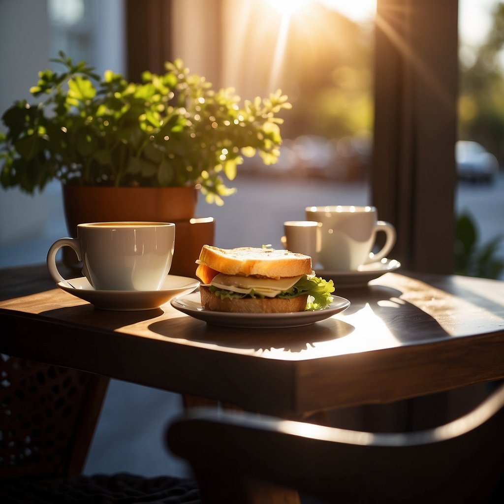 A table set with a plate of Croque Monsieur, a side of salad, and a cup of coffee on a saucer. Sunlight streams in through a window, casting a warm glow over the scene